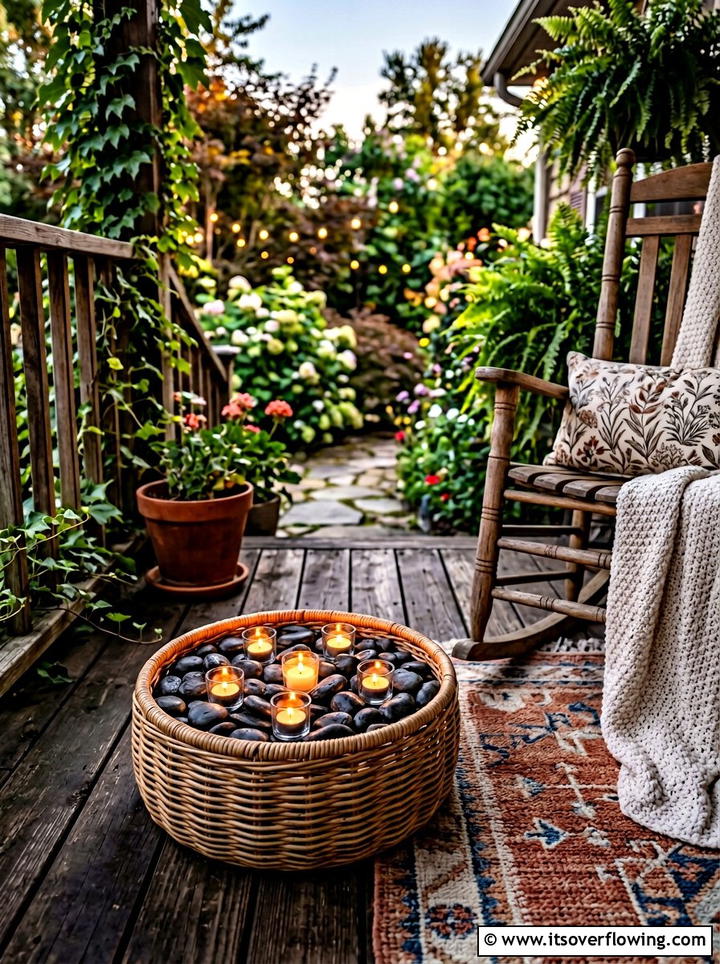 Basket tea light arrangement - 25 garden decor ideas with tea lights