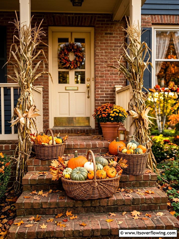 Baskets with seasonal pumpkins - 25 front porch decor ideas with baskets