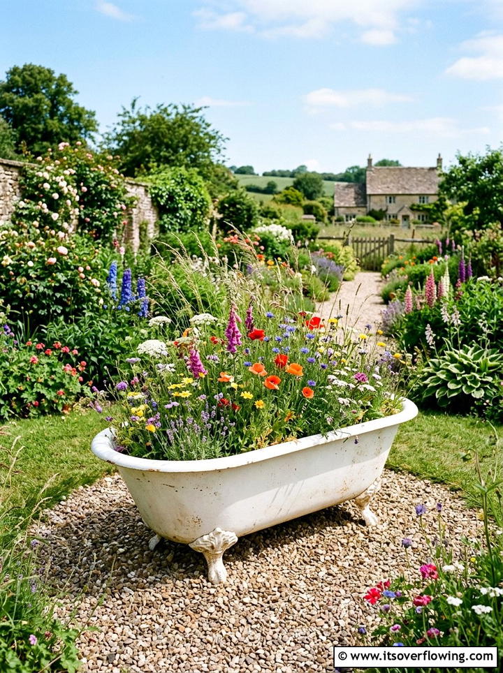 Bathtub Flower Bed - 25 backyard decorating ideas with recycled materials