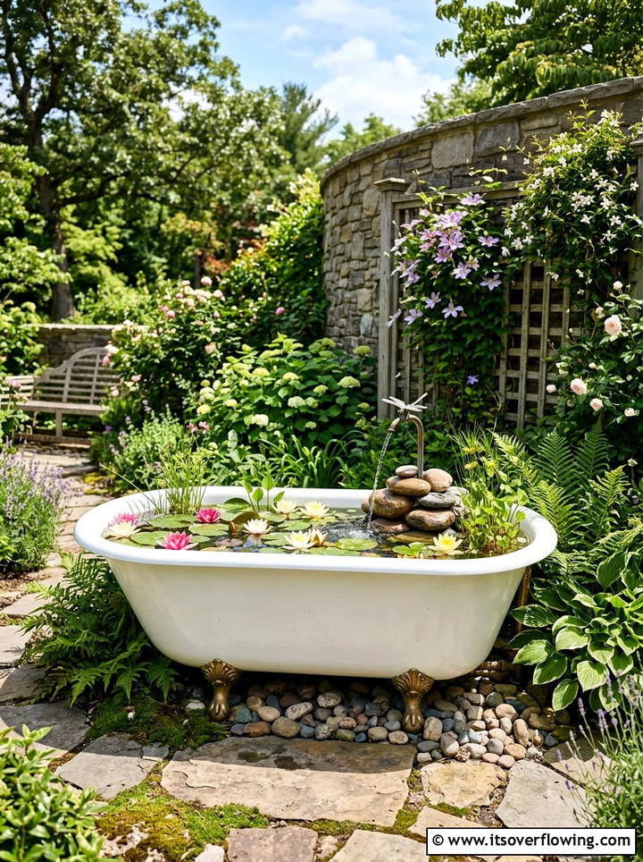 Bathtub Water Feature - 25 upcycled garden ideas for patios