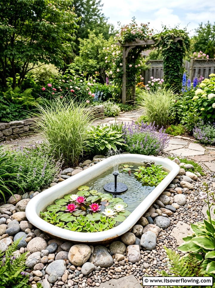Bathtub pond - 25 cheap garden ideas with recycled materials