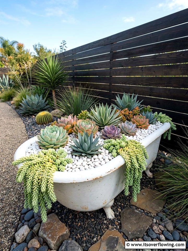 Bathtub succulent garden - 25 upcycled garden ideas with old bathtubs