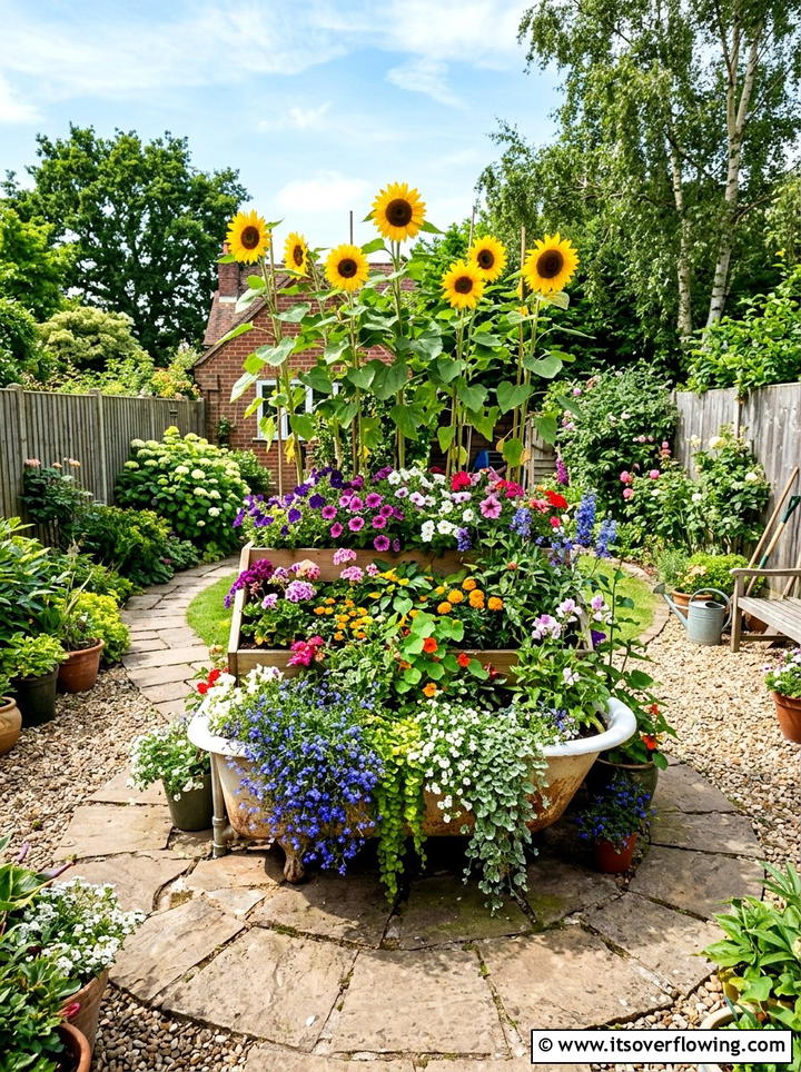 Bathtub tiered garden - 25 upcycled garden ideas with old bathtubs