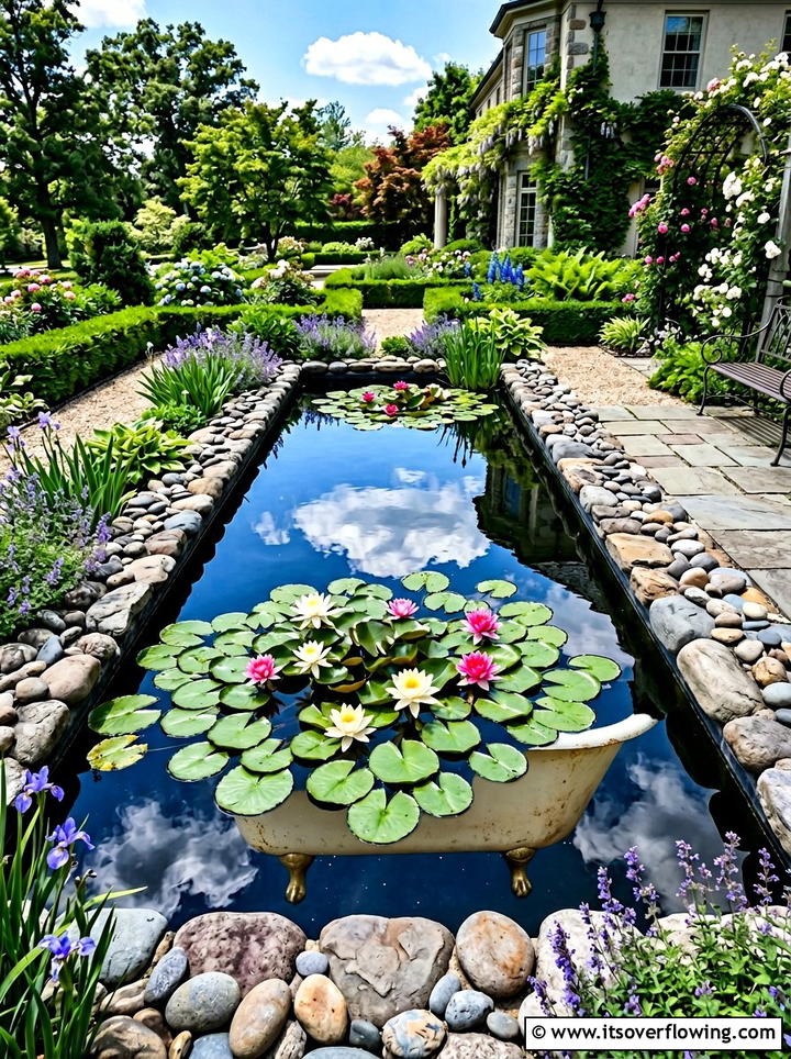 Bathtub water lily pond - 25 upcycled garden ideas with old bathtubs