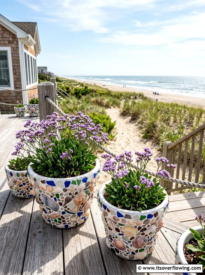 Beach House Shell Planters - 25 creative garden ideas with mosaic planters