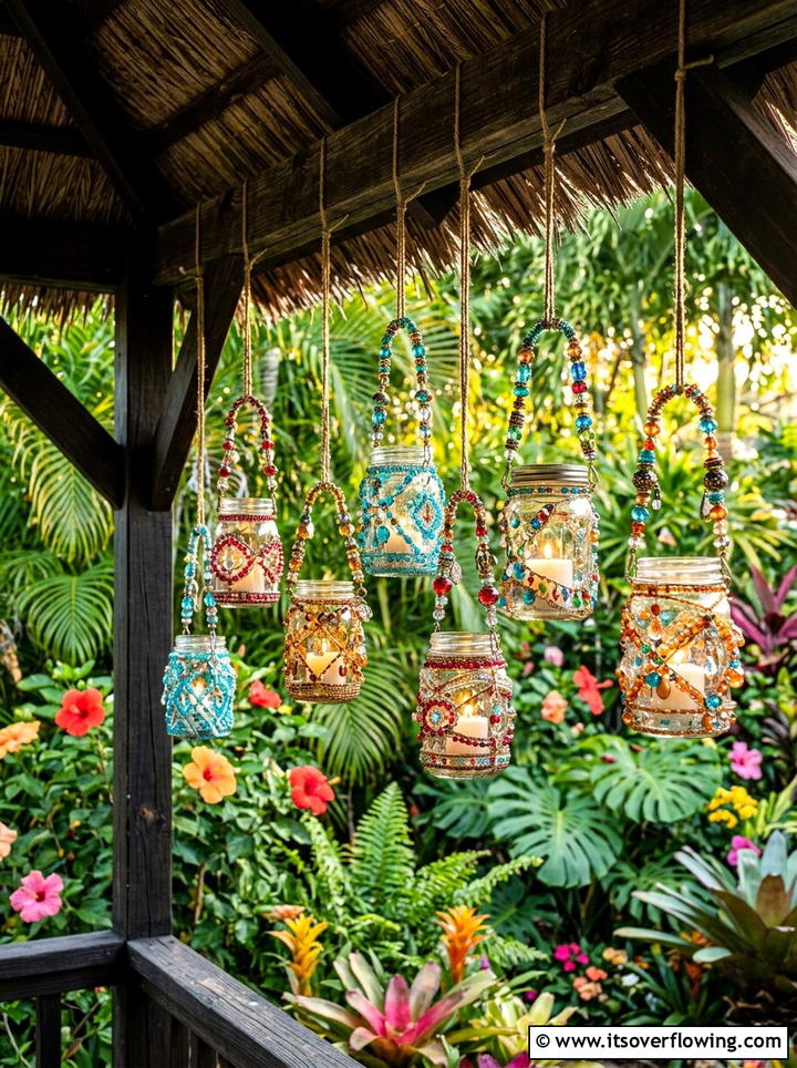 Bead Embellished Jar Lanterns - 25 garden decor ideas with hanging jars