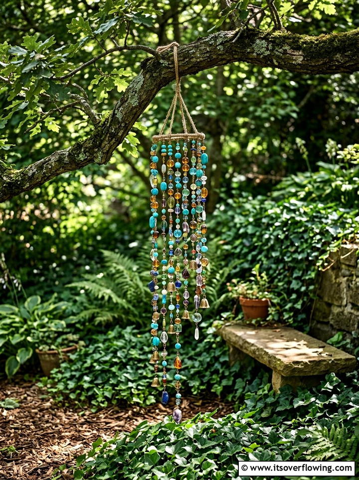 Beaded Wind Chimes Hanging From Tree Branch - 25 garden decor ideas with wind chimes