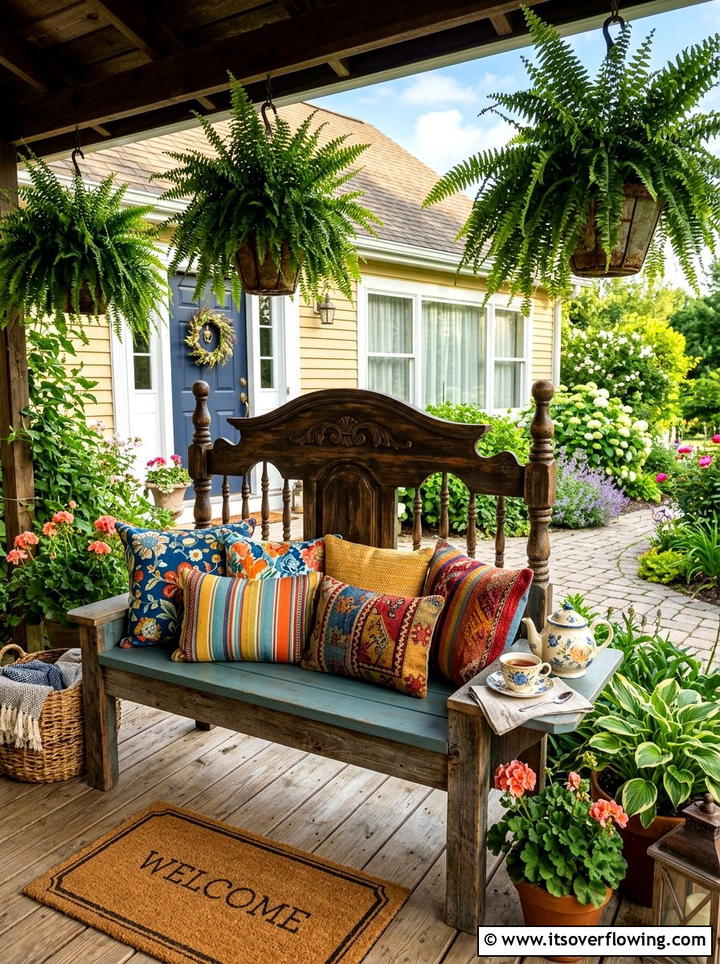 Bed Headboard Bench Table - 25 upcycled garden ideas with outdoor tables