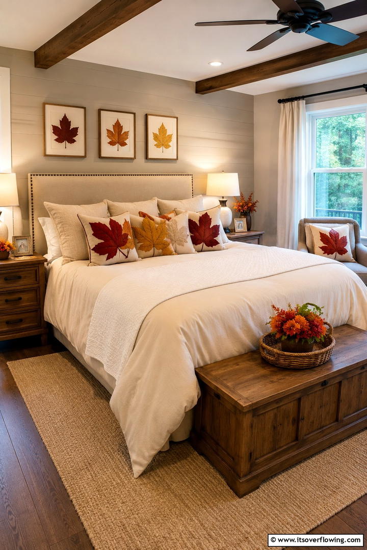 Bedroom Pillow Leaf Appliques - 50 Fall Leaves Decor Ideas to Brighten Autumn Rooms