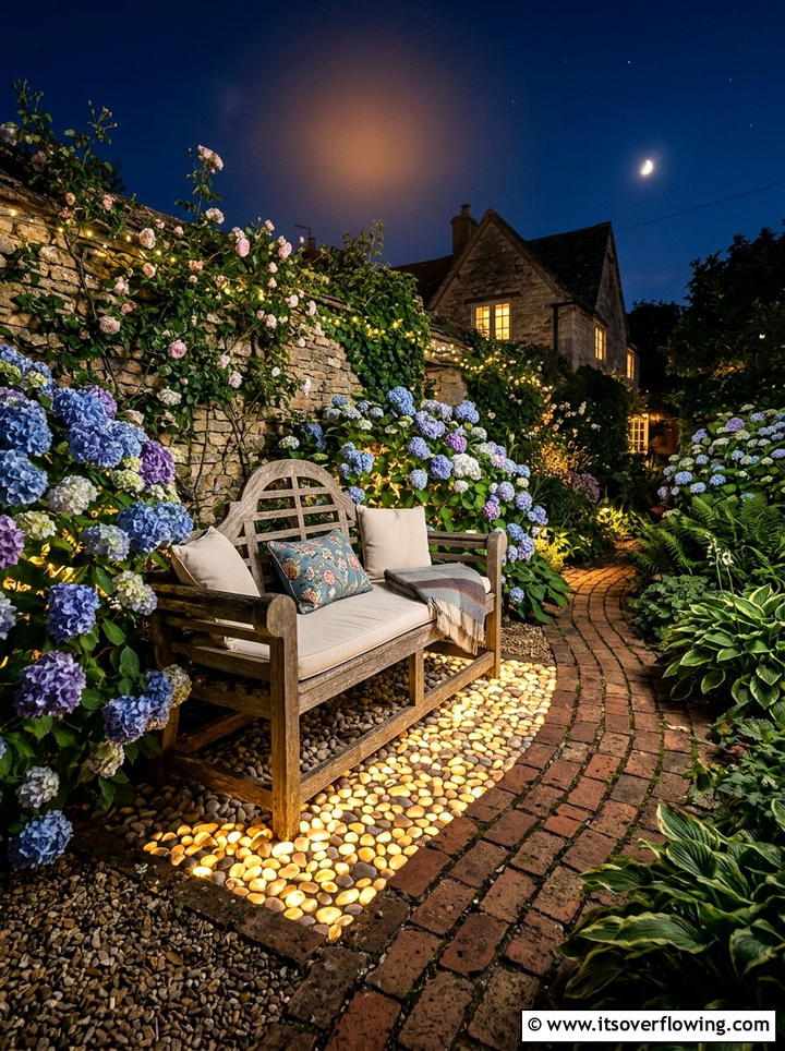 Bench Area Glowing Ground Cover - 25 creative garden ideas with glow in the dark stones