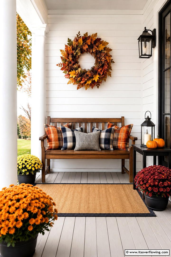Bench and Side Table Seating Arrangement Porch - 50 Fall Porch Decor Ideas for Welcoming Outdoor Spaces