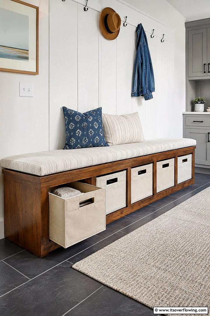 Bench with Under Seat Storage Bins - 30 Functional Mudroom Bench Ideas for Organized Entryways