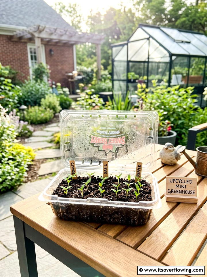Berry Container Mini Greenhouse - 25 recycled garden ideas with seed starting trays