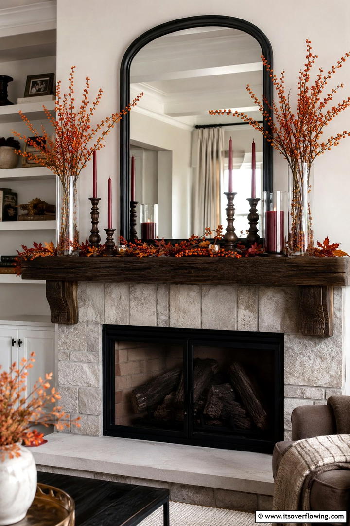 Berry and Branch Mantel Arrangement - 50 Fall Mantel Decor Ideas for Cozy Spaces This Season