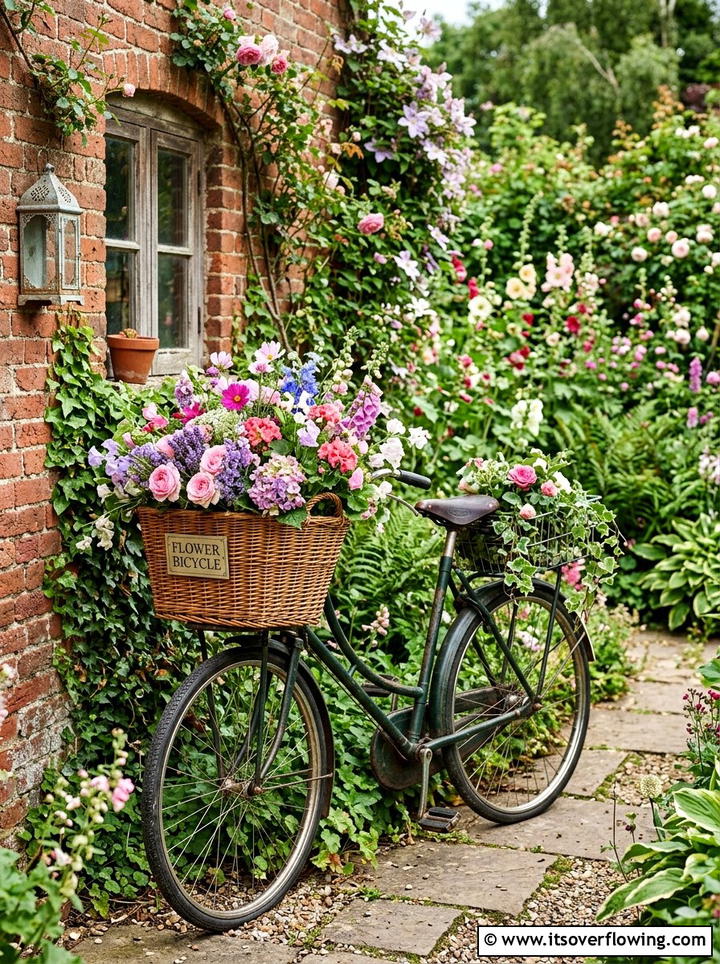Bicycle Basket Flower Display - 25 upcycled garden ideas for urban gardens