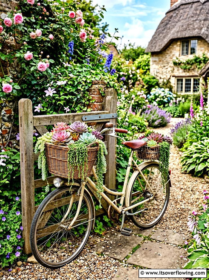 Bicycle Basket Succulents - 25 upcycled garden ideas with succulent planters
