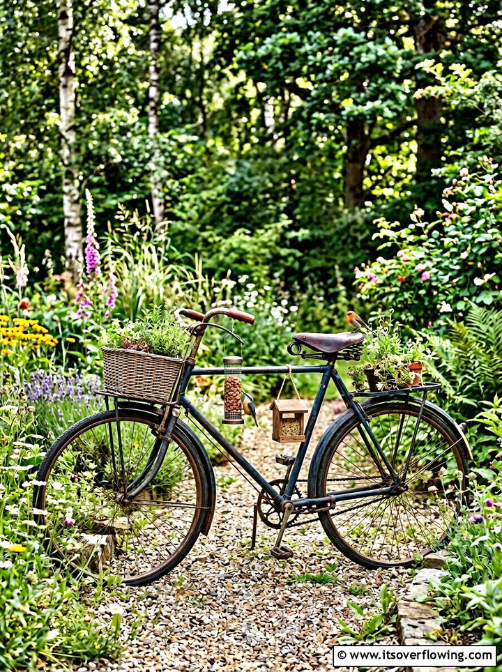 Bicycle Bird Feeder Stand - 25 upcycled garden ideas with old bicycles