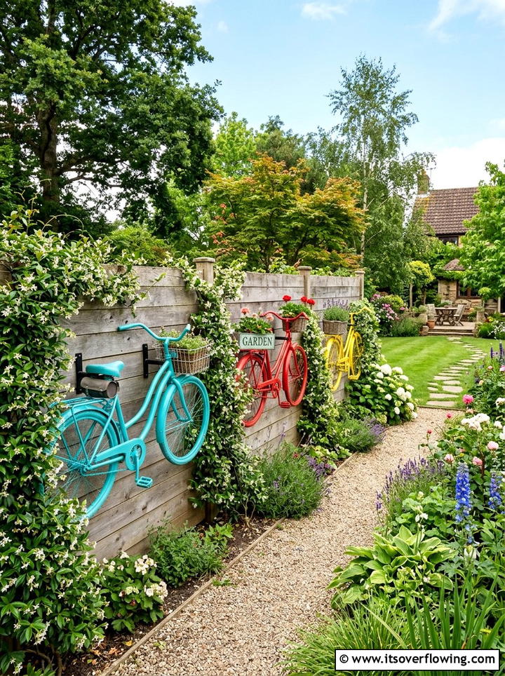Bicycle Fence Decoration - 25 upcycled garden ideas with old bicycles