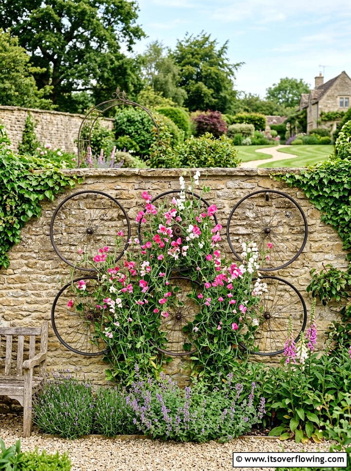 Bicycle Wheel Climbing Plants - 25 upcycled garden ideas with old bicycles
