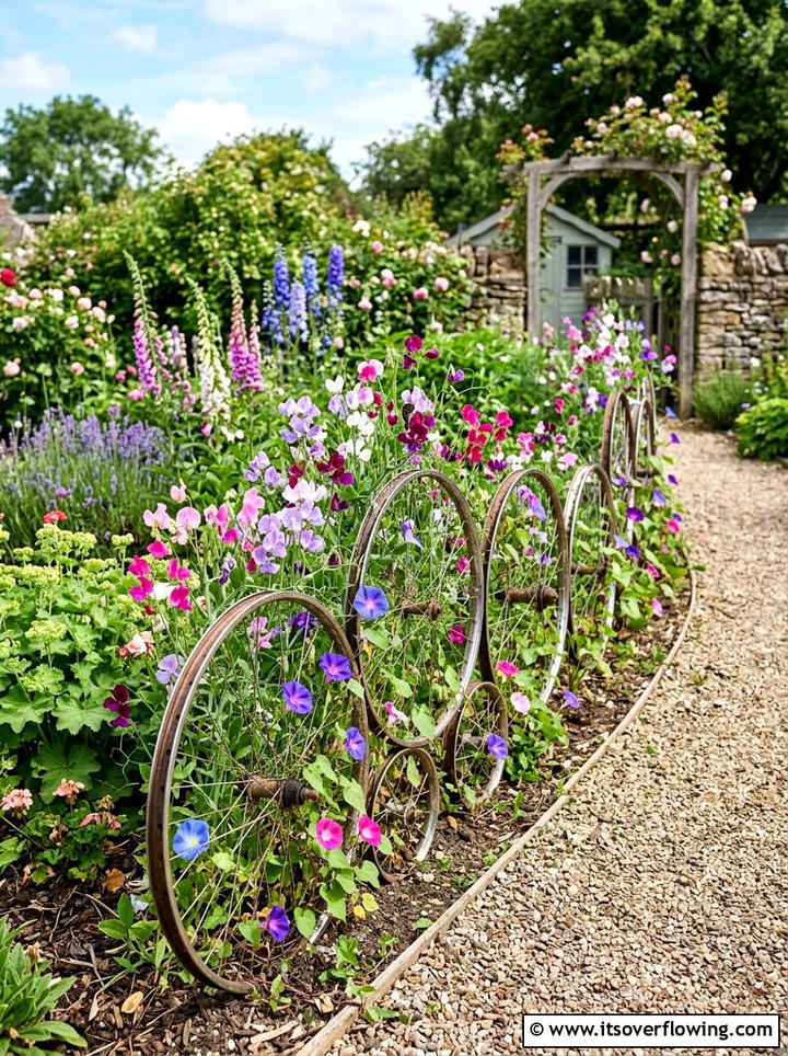 Bicycle Wheel Garden Border - 25 upcycled garden ideas with garden edging