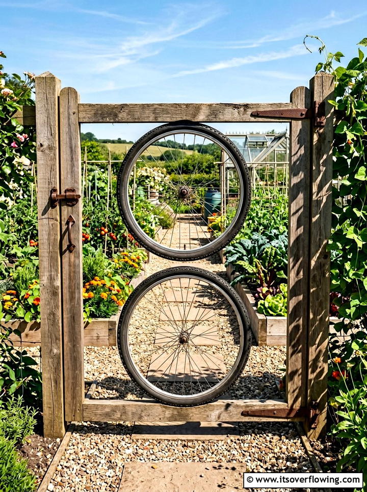 Bicycle Wheel Garden Gate - 25 upcycled garden ideas with old bicycles