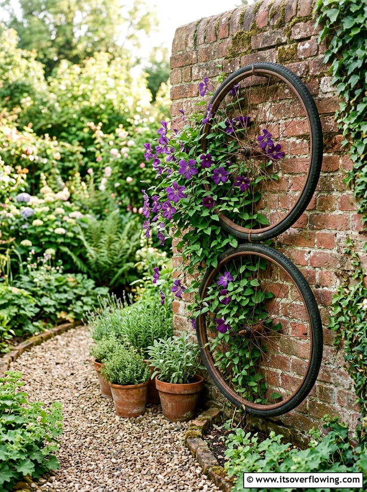Bicycle Wheel Garden Trellis - 25 recycled garden ideas with recycled metal art