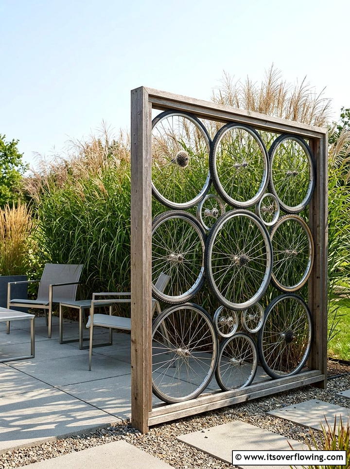Bicycle Wheel Privacy Screen - 25 upcycled garden ideas with old bicycles