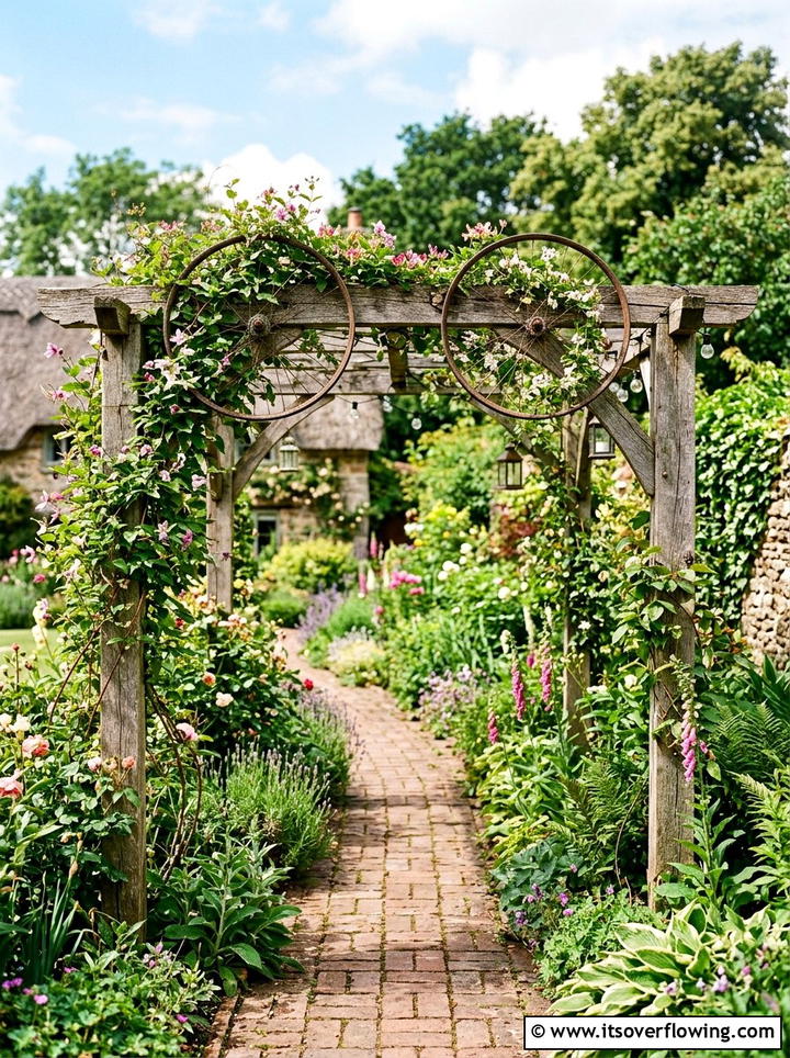 Bicycle Wheel Trellis - 25 upcycled garden ideas with pathway markers
