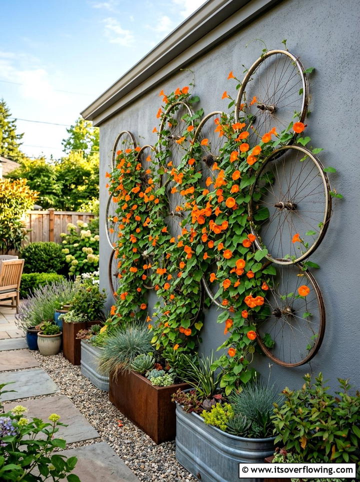 Bicycle Wheel Trellis Wall - 25 upcycled garden ideas with trellis walls