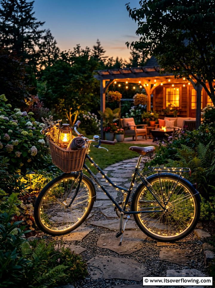 Bicycle With Solar Lights - 25 upcycled garden ideas with old bicycles