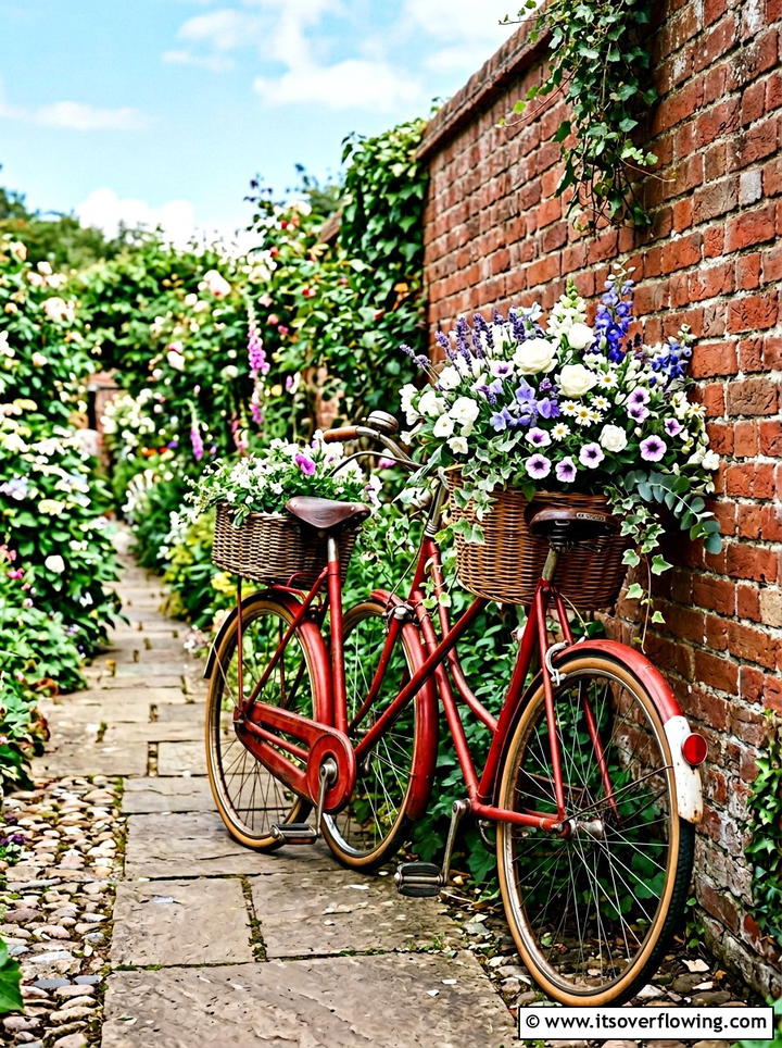 Bicycle basket flower display - 25 upcycled garden ideas for narrow spaces