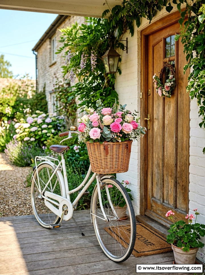 Bicycle flower basket - 25 recycled garden ideas for porch decor