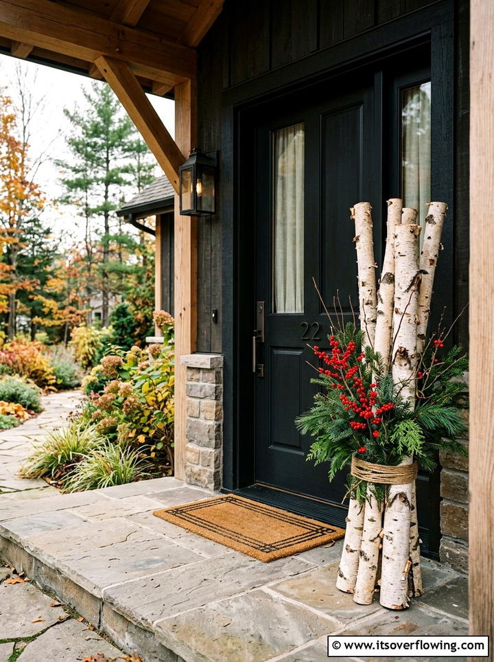 Birch Log Porch Display - 25 front porch ideas with winter decor