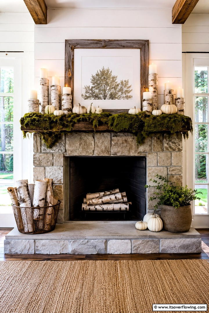 Birch Log and Moss Theme - 50 Fall Fireplace Decor Ideas to Warm Autumn Gatherings