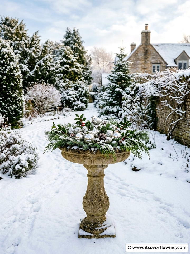 Bird Bath - 25 garden decor ideas with winter decor