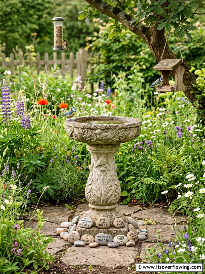 Bird Bath Accent Stones - 25 creative garden ideas with quote stones