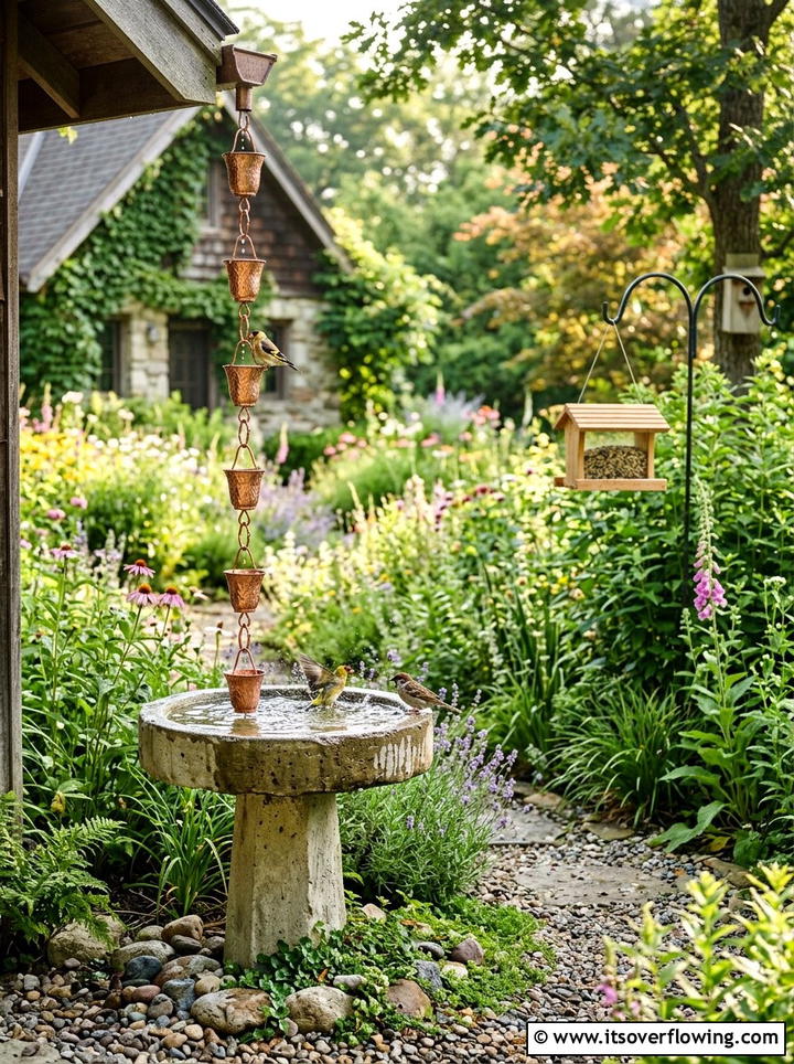 Bird Bath Rain Chain - 25 creative garden ideas with rain chains