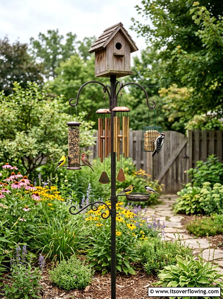 Bird Feeder Pole Chime - 25 backyard decorating ideas with wind chimes