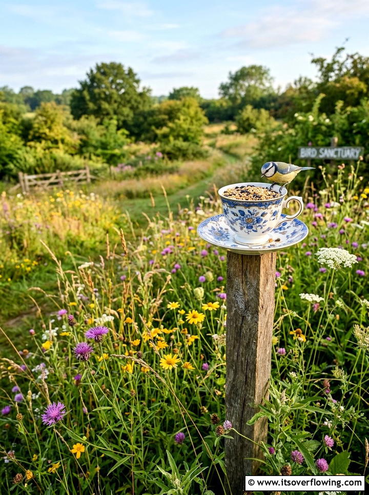 Bird Feeder Tea Cup - 25 cheap garden ideas with dollar store decor