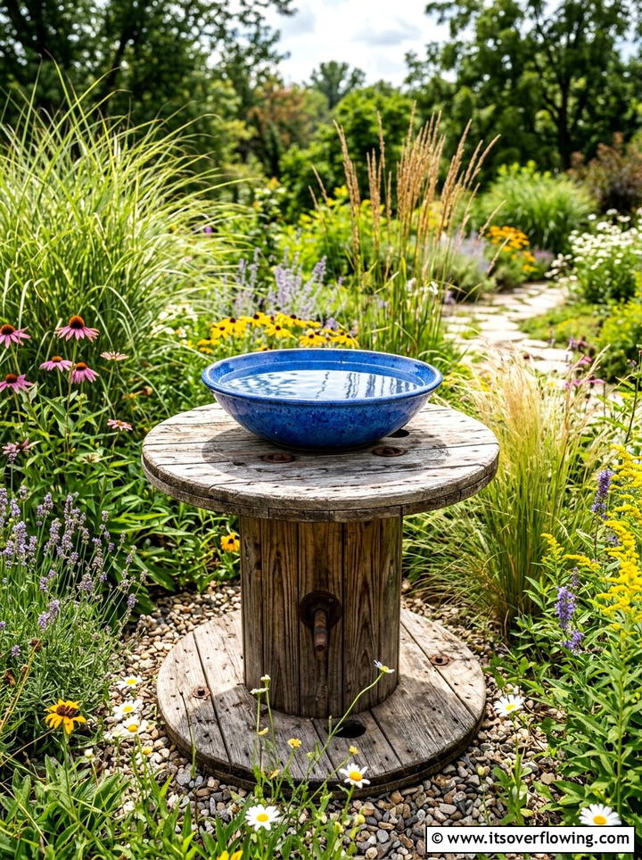 Bird bath base - 25 recycled garden ideas with cable spools