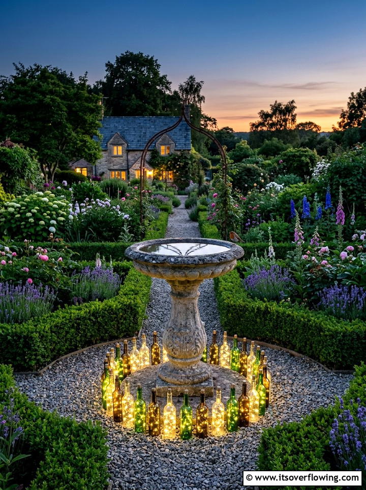 Bird bath bottle lights - 25 garden decor ideas with bottle lights
