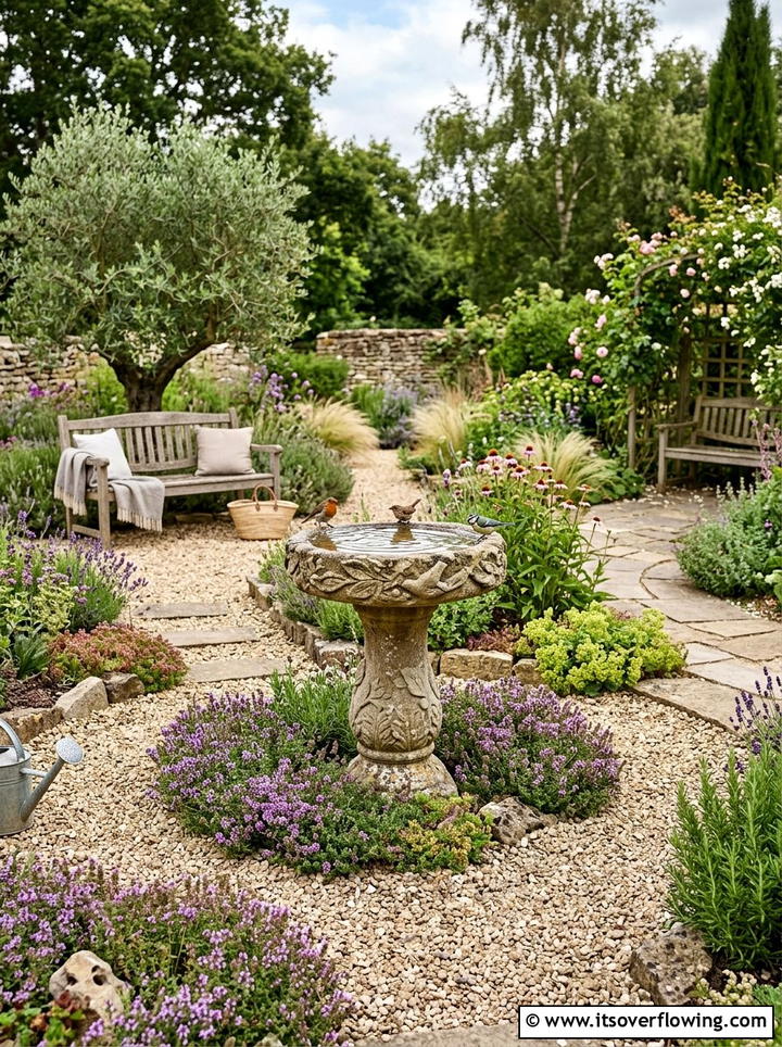 Bird bath focal point - 25 cheap garden ideas with drought tolerant plants