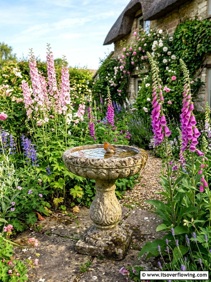 Bird bath in cottage garden - 25 garden decor ideas with bird baths