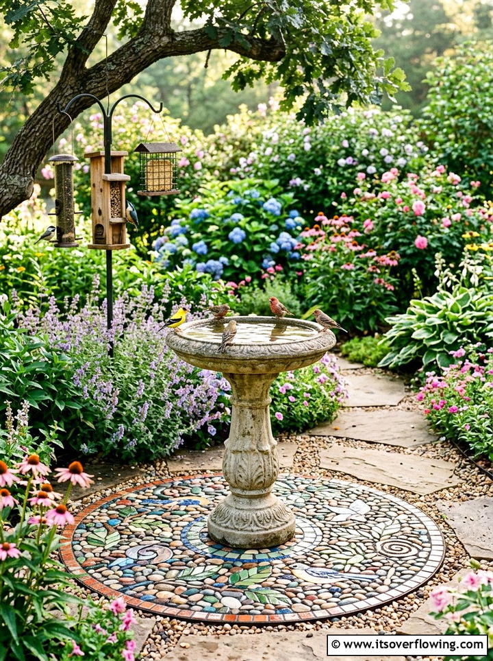 Bird bath pebble base - 25 garden ideas with pebble mosaics