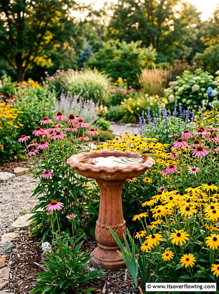 Bird bath with flowers - 25 garden decor ideas with bird baths