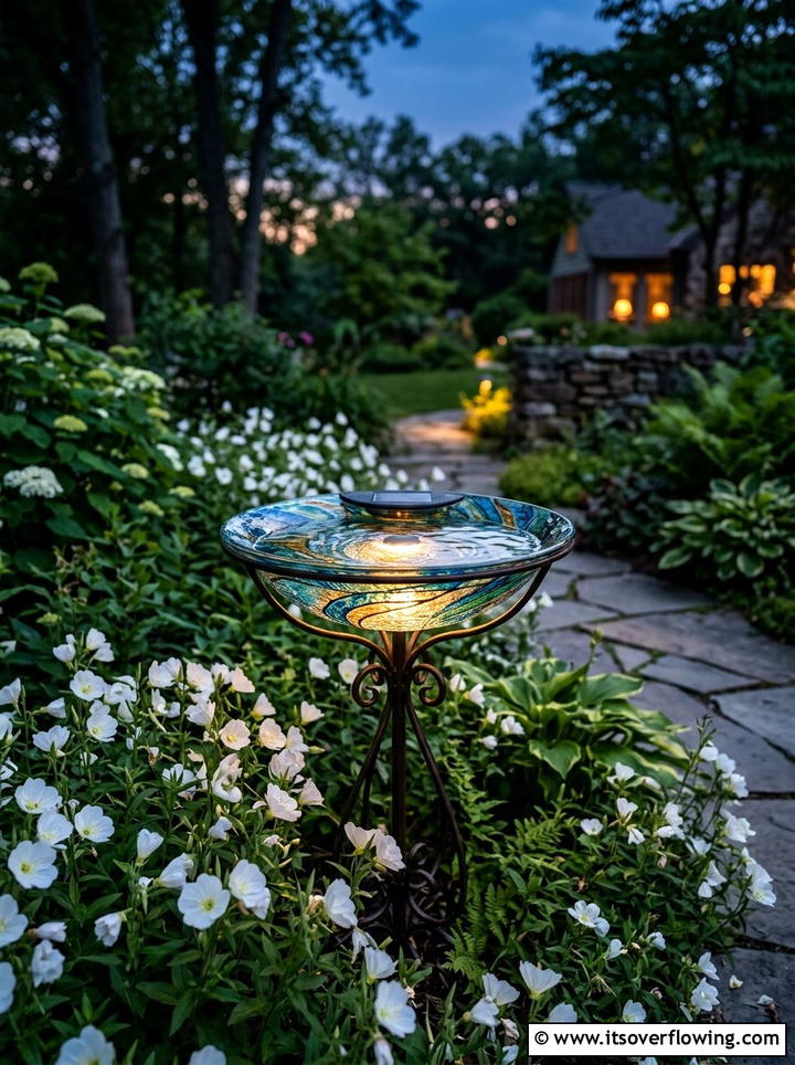 Bird bath with solar light - 25 garden decor ideas with bird baths