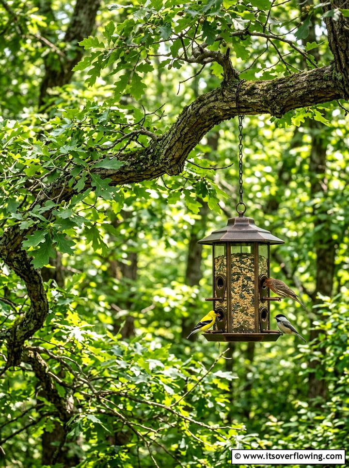 Bird feeder hanging from oak tree - 25 garden ideas with bird feeders