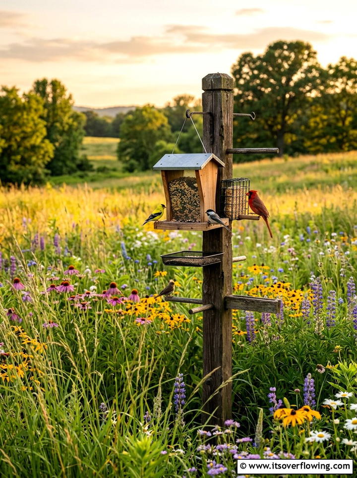 Bird feeder pole in wildflower meadow - 25 garden ideas with bird feeders