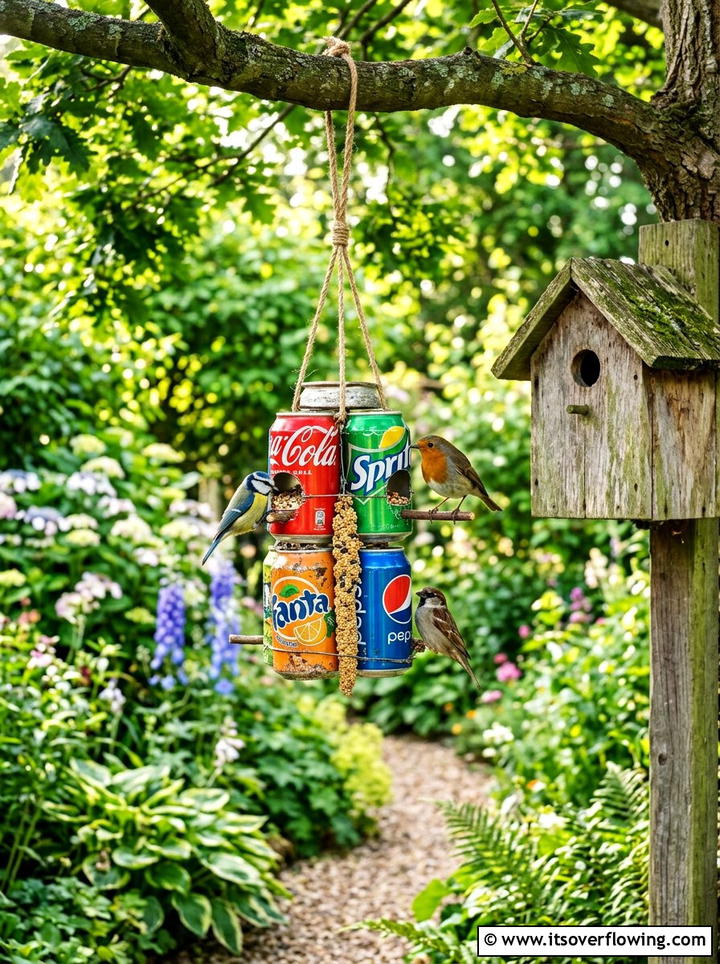 Bird feeder with soda cans - 25 recycled garden ideas with aluminum cans