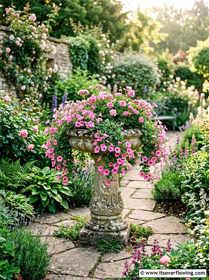 Birdbath Floral Display - 25 backyard decorating ideas with floral displays